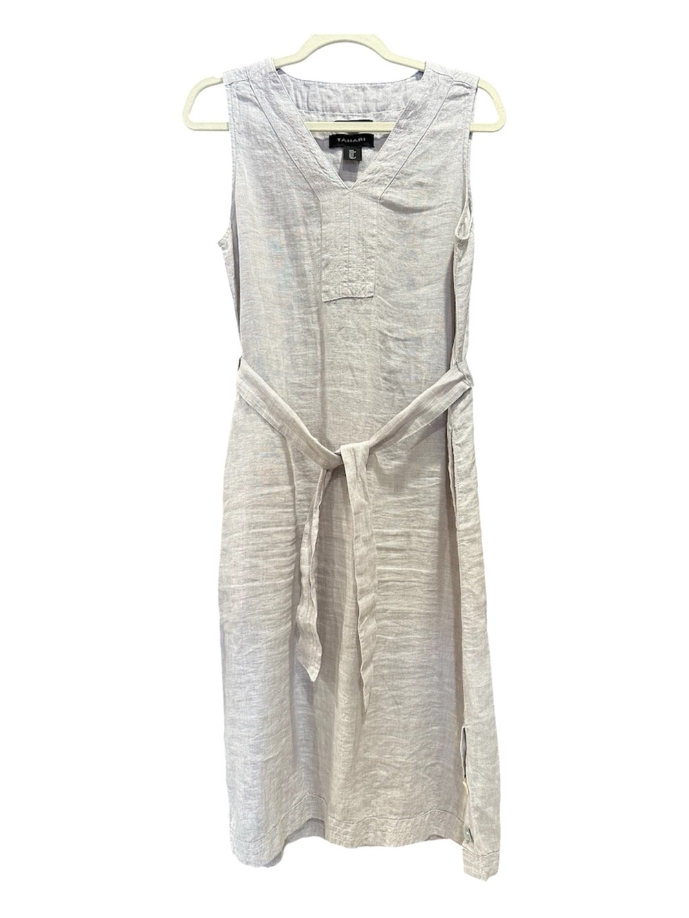 Tahari Sleeveless V-Neck Midi Dress in Light Lavender Gray with Tie Waist Belt